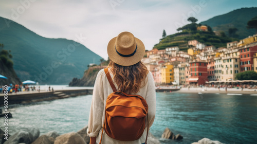 Tourist Woman with Hat and Backpack in  Cinque Terre, Italy. Wanderlust concept. © DVS