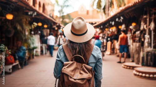 Tourist Woman with Hat and Backpack in local market. Wanderlust concept.