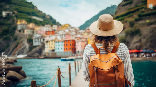 Tourist Woman with Hat and Backpack in  Cinque Terre, Italy. Wanderlust concept.