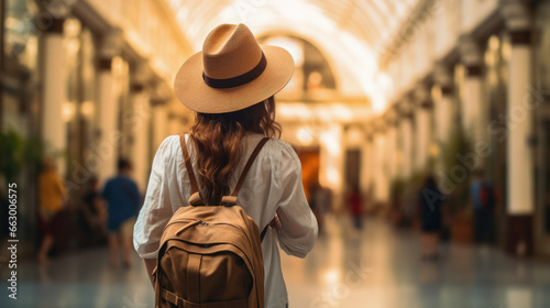 Tourist Woman with Hat and Backpack in museum. Wanderlust concept. © DVS