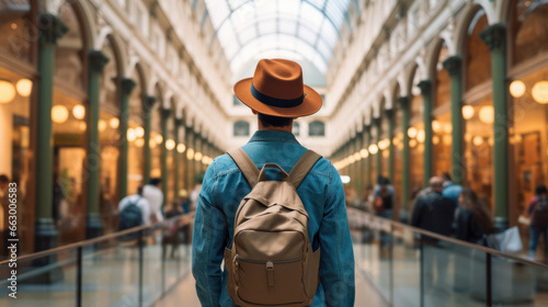 Tourist with Hat and Backpack in museum. Wanderlust concept. photo