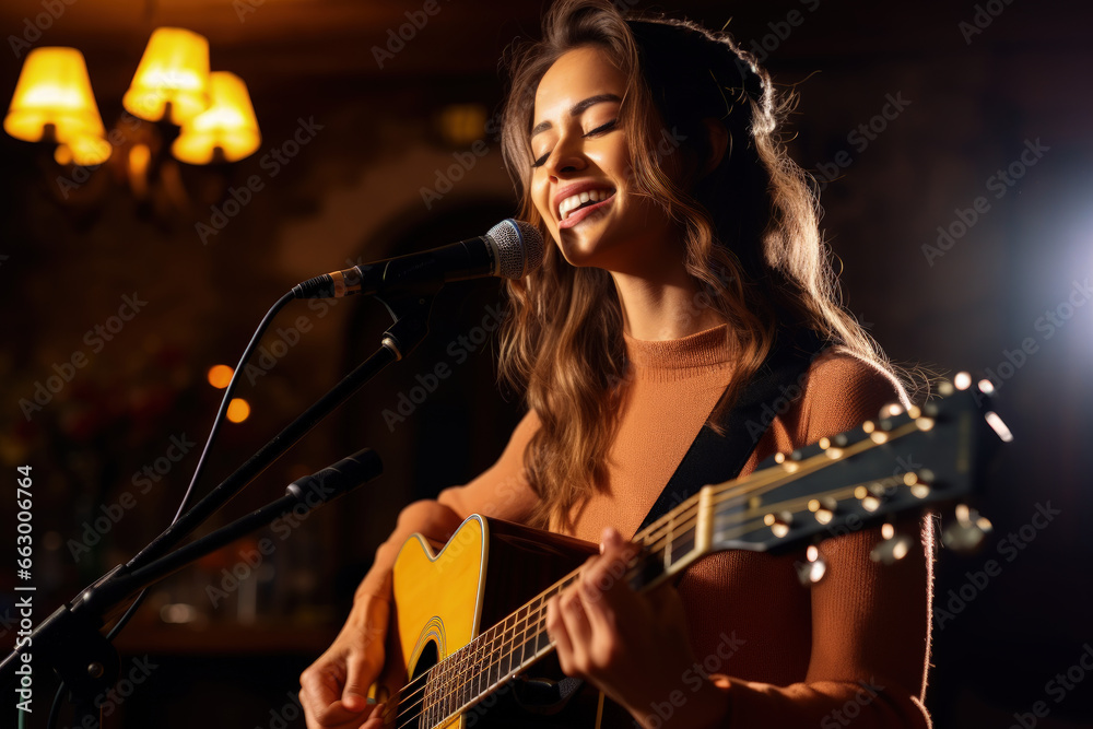 Obraz premium At a cozy pub, a gifted female singer-songwriter takes the spotlight, captivating the audience with soulful ballads.