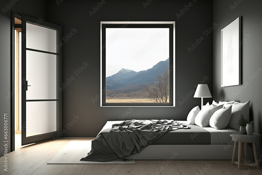 Dark bedroom with empty white poster, bed, panoramic countryside view, grey wall, wooden partition, hardwood floor. Modern apartment design. Mockup. Generative AI