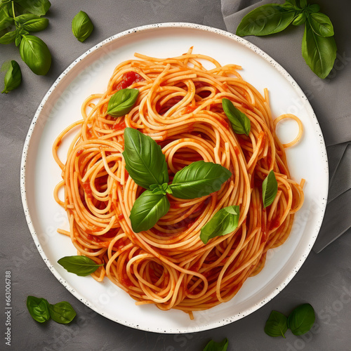 overhead view of a plate of fresh Italian spaghetti and sauce