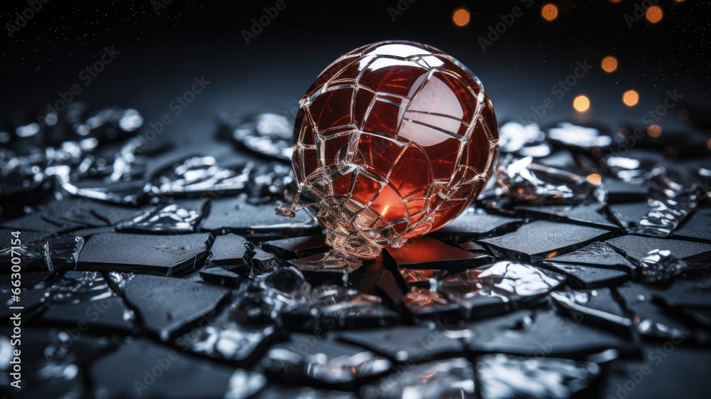 Shattered Rad Glass Christmas Ornament on Black Slate Tile - Broken and Dazzling Decorative Ball in Red Abstract Pattern