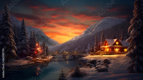 Magical Winter Wonderland  A Digital Christmas Landscape with Snowy Trees and Fabulous Evening Scenery
