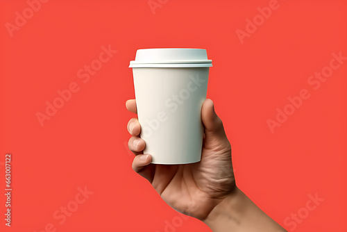Paper coffee cup in hand, floating in the air, on flat plain background. photo