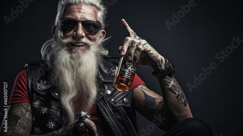 Punk Rock Santa Claus Cheers with a Beer in Beach Costume: Creative and Carefree Christmas Celebration with Generative AI and Amusing Cheer