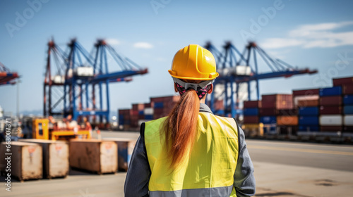 A female civil engineer examines drawings at a container terminal in the harbor, seen from behind, with a blurred backdrop.