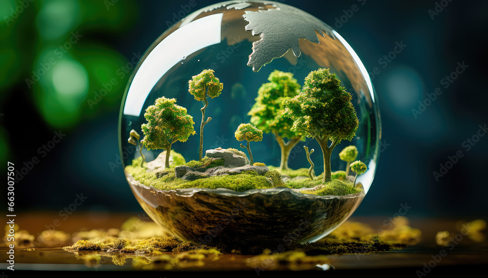 Crystal Earth, the concept of preserving a green planet with a green earth under a blue sky in a protective shell. Generative AI Crystal Earth, the concept of preserving a green planet with a green earth under a blue sky in a protective shell. Generative AI