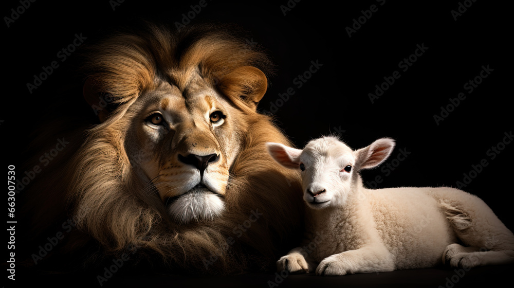 The Lion and the Lamb together in an image on a black background. The Lion and the Lamb together in an image on a black background.
