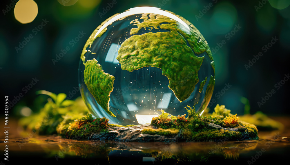 Crystal Earth, the concept of preserving a green planet with a green earth under a blue sky in a protective shell. Generative AI - obrazy, fototapety, plakaty 