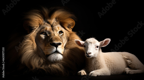The Lion and the Lamb together in an image on a black background. © ImageHeaven