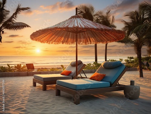 Parasol and sun bed loungers on empty tropical beach at sunset with beautiful warm colors, Generative AI © salahchoayb