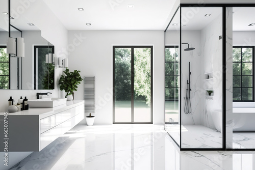 Luxury home with large bathroom, modern shower, and white with mirror. Generative AI