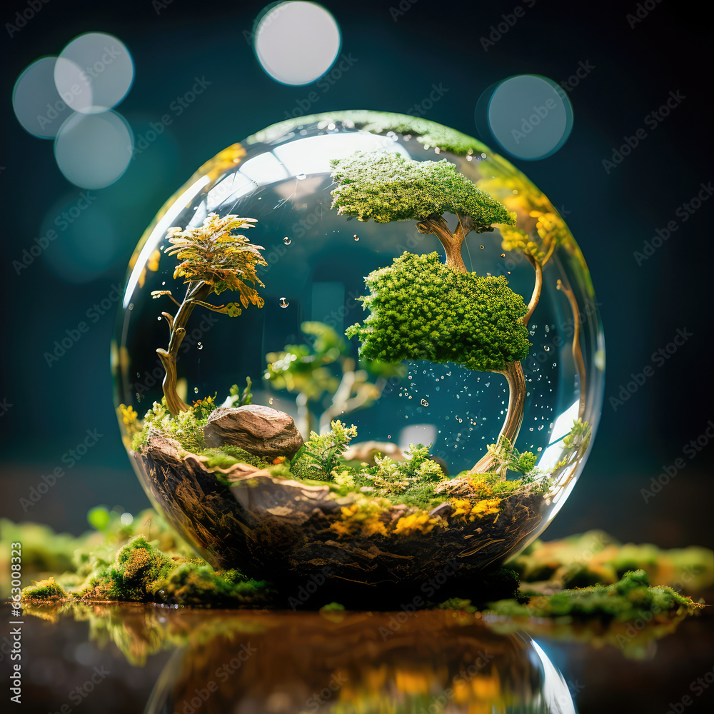 Crystal Earth, the concept of preserving a green planet with a green earth under a blue sky in a protective shell. Generative AI Crystal Earth, the concept of preserving a green planet with a green earth under a blue sky in a protective shell. Generative AI