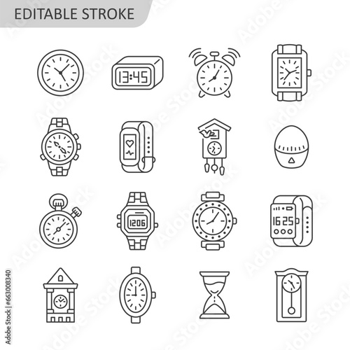 Clock line icon set. Time measuring symbol vector collection with clock, wrist watch, hourglass, Cuckoo-clock, smart watch, stopwatch, kitchen timer. Editable stroke.