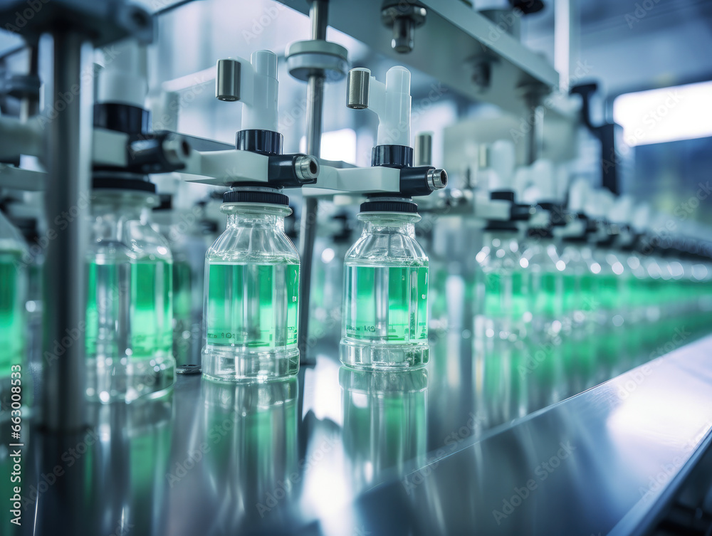An industrial scene within a pharmaceutical factory, showcasing the production line with pharmaceutical glass bottles and machinery in motion. An industrial scene within a pharmaceutical factory, showcasing the production line with pharmaceutical glass bottles and machinery in motion.