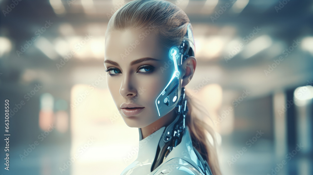 In this image, a futuristic AI android robot and a female cyborg ...