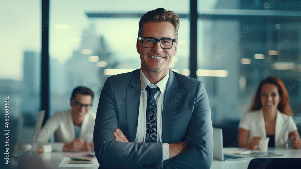Fototapeta premium A successful businessman sits confidently in a boardroom with his team in the background, exemplifying leadership and collaboration.