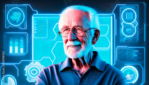 Research and technology. Portrait of an elderly man using high-tech devices with futuristic neon around him. Futuristic lifestyle. Generative AI