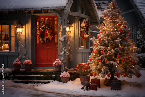 Festive Christmas Tree Adorning a Charming Village House
