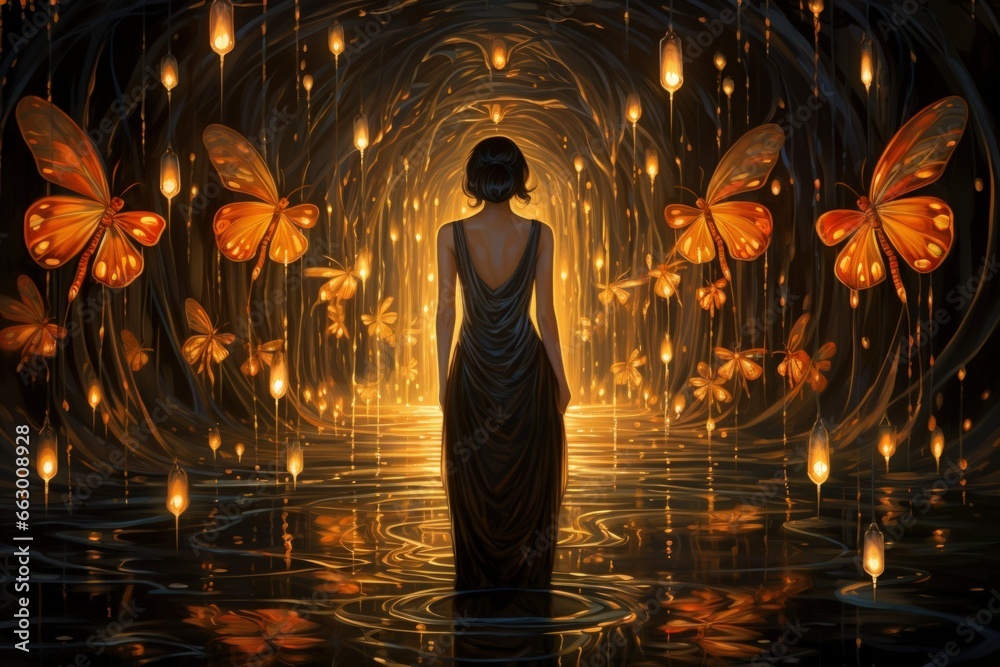 Fototapeta premium Luminescent fireflies, guiding lost souls through the depths of the night - Generative AI