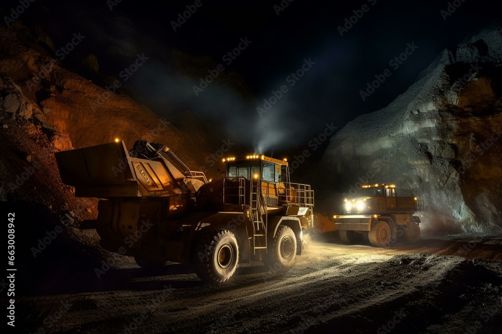 Nighttime work at limestone quarry with dump truck and excavator in mining industry. Generative AI - obrazy, fototapety, plakaty 