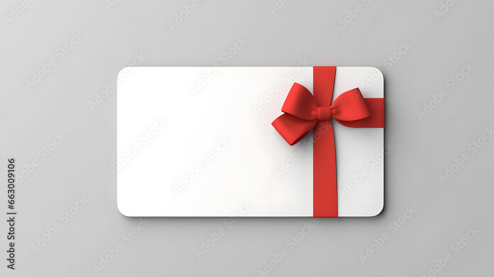 Blank white gift card with red ribbon bow isolated on grey background with shadow minimal conceptual Blank white gift card with red ribbon bow isolated on grey background with shadow minimal conceptual