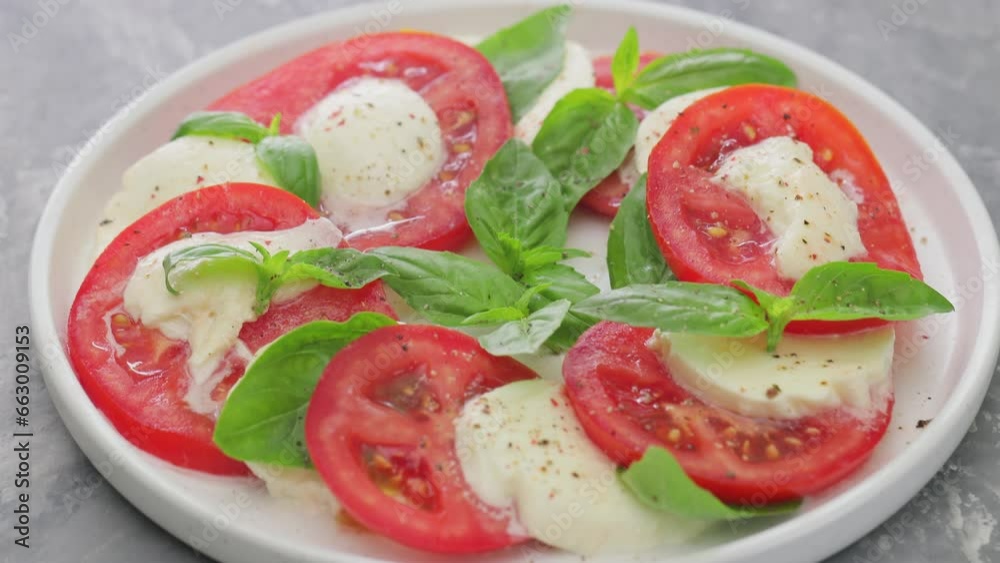 Caprese salad. Tomato salad with mozzarella and basil leaves. Mediterranean cuisine. Boom shot Caprese salad. Tomato salad with mozzarella and basil leaves. Mediterranean cuisine. Boom shot