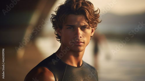 This portrait showcases a dashing surfer man against a blurred backdrop, highlighting his athleticism and passion for the sport.