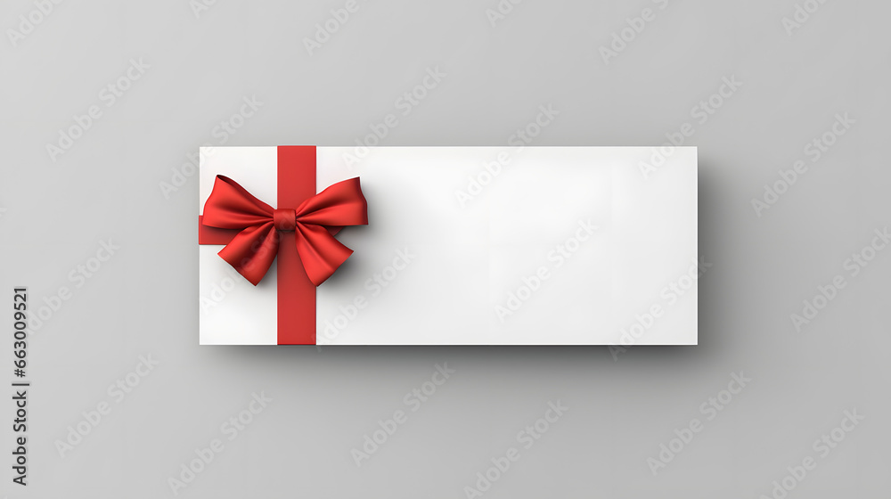 Blank white gift voucher with red ribbon bow or empty gift signboard isolated on grey background with shadow minimal conceptual  - obrazy, fototapety, plakaty 
