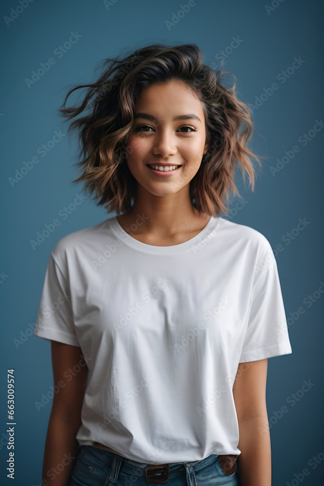 Portrait of a smiling attractive young woman wearing a white T shirt. She is looking at the camera and is standing in front of a blue background. T shirt mock up style Portrait of a smiling attractive young woman wearing a white T shirt. She is looking at the camera and is standing in front of a blue background. T shirt mock up style