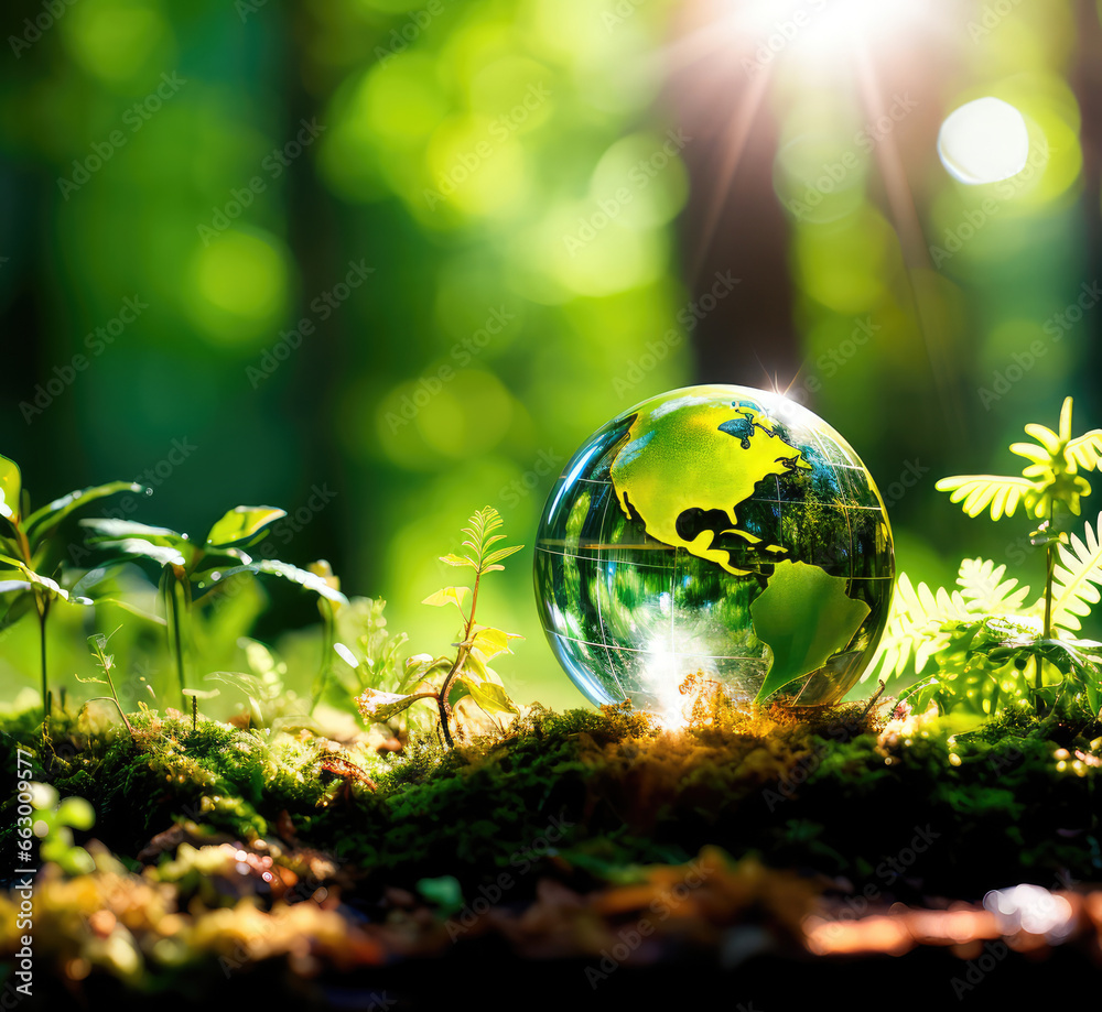 Earth day concept. Crystalline earth on the soil in the forest with moss and sunlight. Generative AI Earth day concept. Crystalline earth on the soil in the forest with moss and sunlight. Generative AI