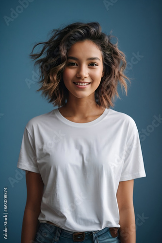 Portrait of a smiling attractive young woman wearing a white T shirt. She is looking at the camera and is standing in front of a blue background. T shirt mock up style