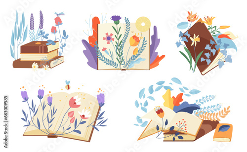 Books with spring and summer flowers and leaves set vector illustration. Cartoon isolated stacks of notebooks and paper textbooks with floral decoration, open and closed books with bouquets to read