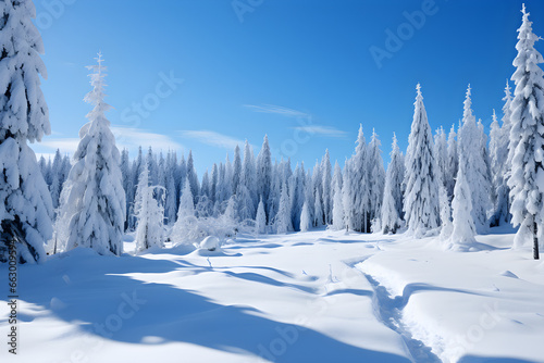 Winter Wonderland, Serene Snow-covered Landscape with Majestic Trees © ELmidoi-AI