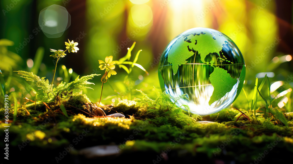 Earth day concept. Crystalline earth on the soil in the forest with moss and sunlight. Generative AI Earth day concept. Crystalline earth on the soil in the forest with moss and sunlight. Generative AI