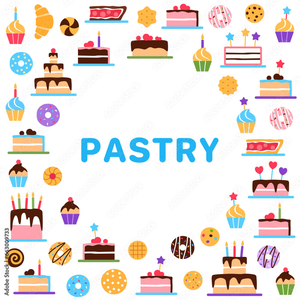 Pastry square frame with circle text copy space on white background. Flat colorful elements border. Danish pastries patisserie for cafe menu design. Cake donut croissant pie slice vector illustration. Pastry square frame with circle text copy space on white background. Flat colorful elements border. Danish pastries patisserie for cafe menu design. Cake donut croissant pie slice vector illustration.