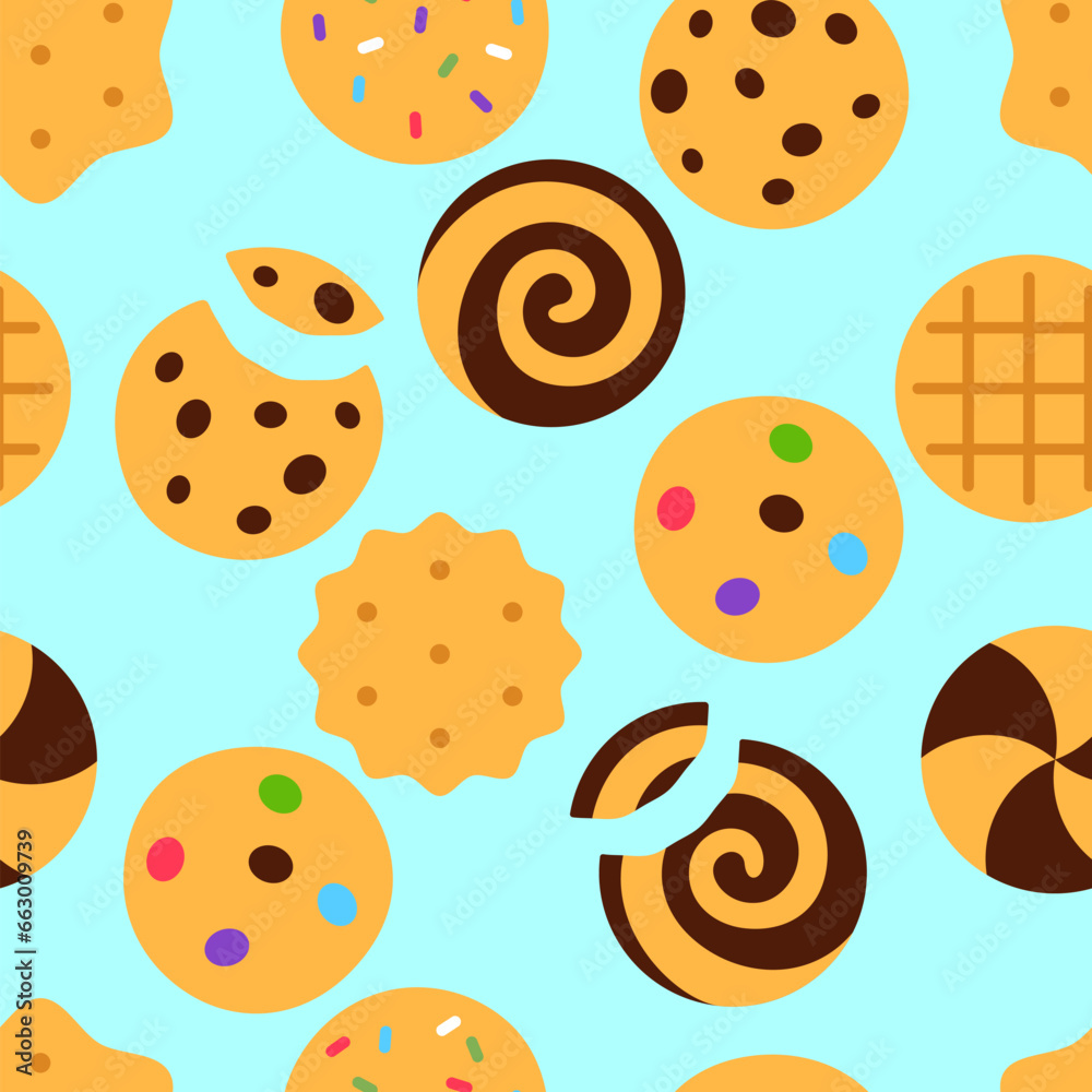 Cookies seamless pattern on blue background. Snack food repeat tile design. Tasty baked assorted biscuits with crumb, missing bite wallpaper. Crispy treat wrapping paper creative vector illustration.