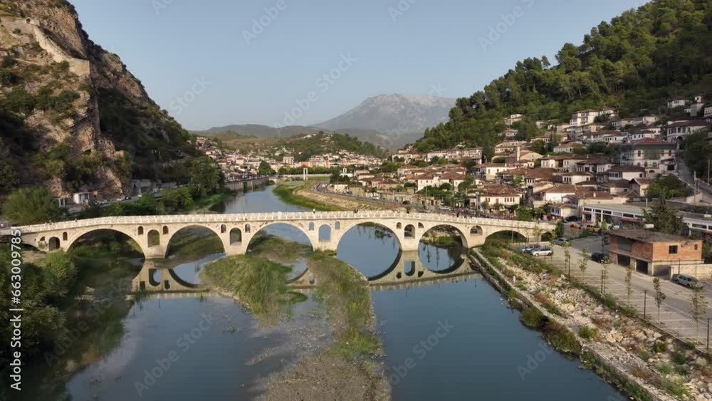 Aerial Drone Shot of Gorika bridge in Berat city, Albania. Historical oriental houses in the old city of Berat in Summer Aerial Drone Shot of Gorika bridge in Berat city, Albania. Historical oriental houses in the old city of Berat in Summer