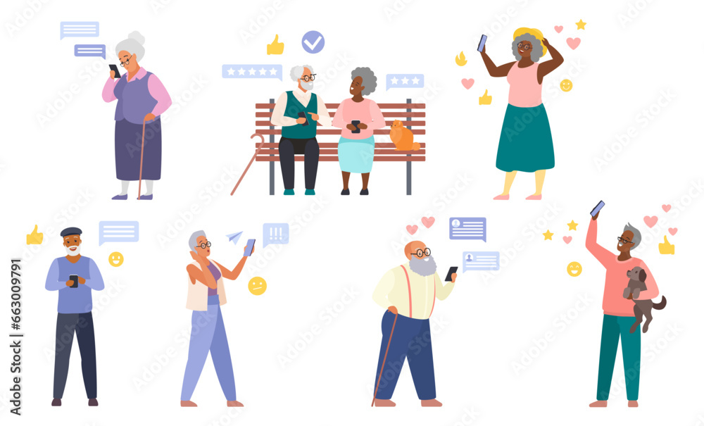 Old people with mobile phones set vector illustration. Cartoon isolated male and female elderly characters use smartphones to call or chat in social media, senior couple comment and rate services
