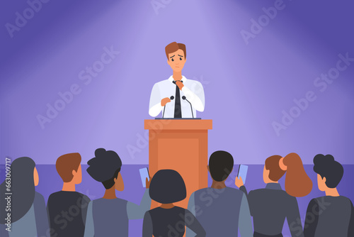 Problem of speakers fear and anxiety of public speech and events vector illustration. Cartoon young nervous shy man lecturer standing behind podium with microphones to speak in front of audience