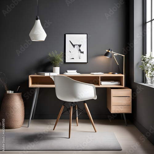 Workplace with white chair at wooden drawer writing desk against of window near dark grey wall Interior design of modern scandinavian home office. photo