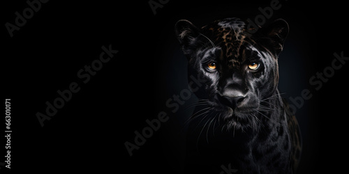 This striking image showcases a Panther in a front view against a black backdrop. Copy Space © ImageHeaven