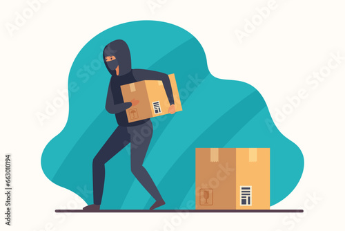 Postal parcel theft vector illustration. Cartoon thief sneaking away cardboard box, male burglar in disguise mask and hoodie taking away stolen paper package from mail warehouse or store to steal photo