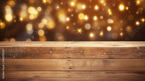 Weathered old wooden boards stand against a blurred Christmas-themed backdrop  offering a rustic touch to the festive atmosphere.Product Display.