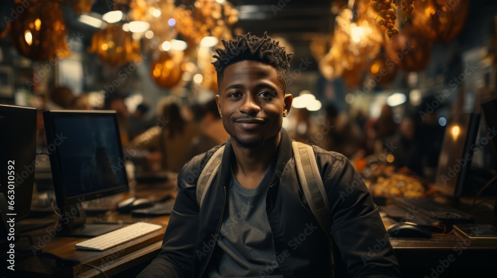 Fototapeta premium A confident business man in an office setting. Generative AI. 