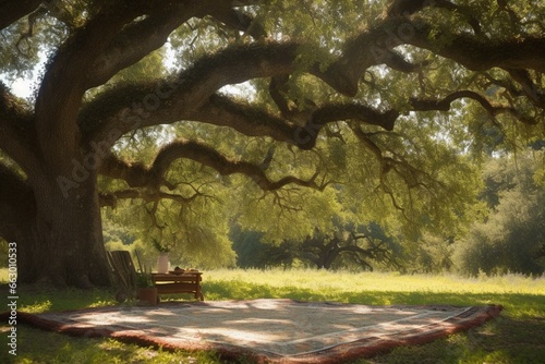 A relaxing scene of a picnic blanket under a majestic oak tree, evoking a sense of summer and the tranquility of a siesta. Generative AI photo