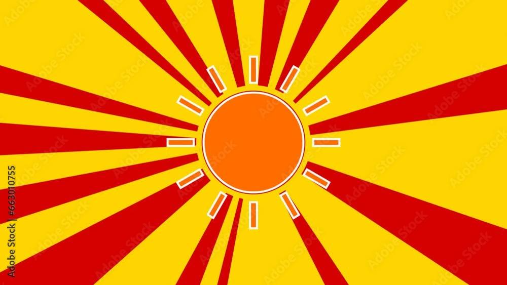 Sun on the background of animation from moving rays of the sun. Movement symbolizes the dawn of the sun. Large orange symbol increases slightly. Seamless looped 4k animation on yellow background